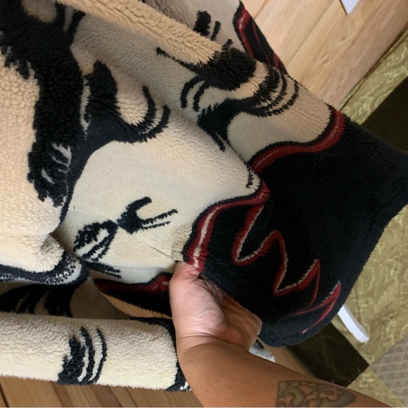 Fleece Black Cream Horse Patterned Teddy Jacket Aztec Equestrian Women's Medium - Picture 6 of 7